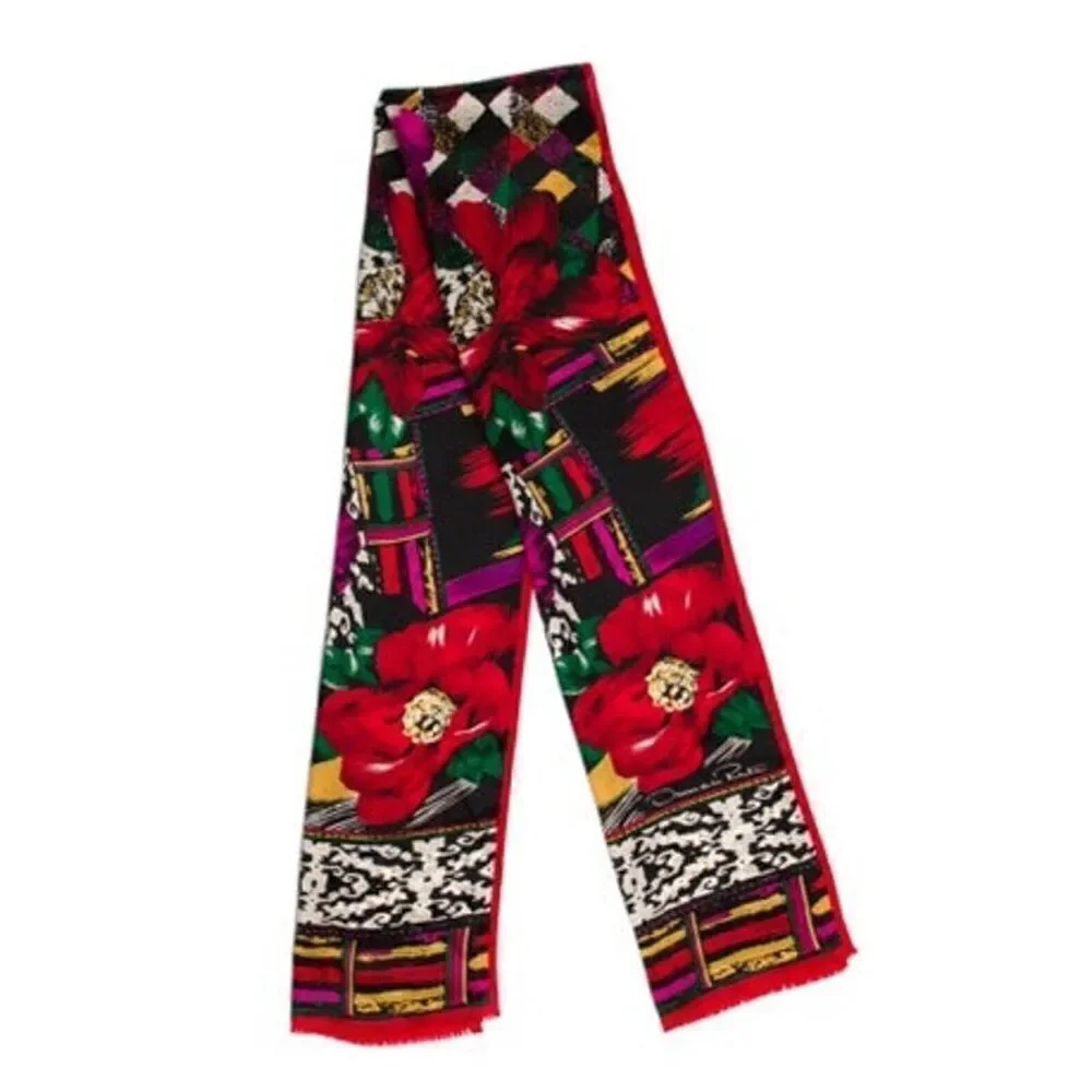 oscar de la renta Authentic Silk Floral Black Pink Red Scarf